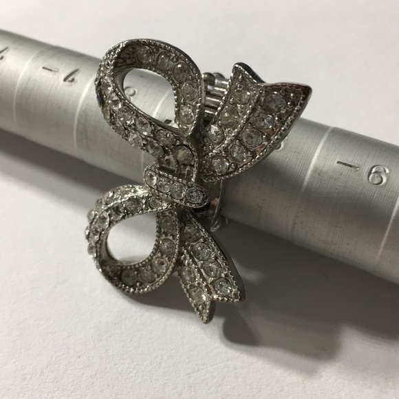 Vintage Bow Ribbon Rhinestone Stretchable Silver Tone Ring - Picture 6 of 8